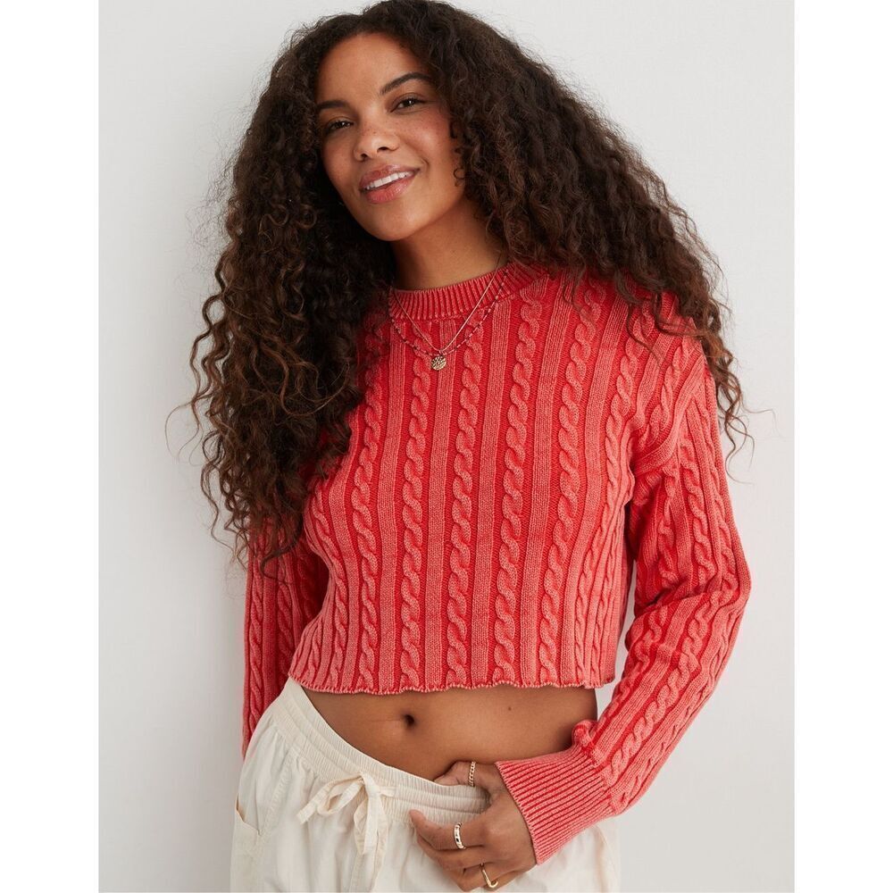 Aerie Cotton Oversized Red Acid Wash Cropped Cable Knit Pullover Sweater
